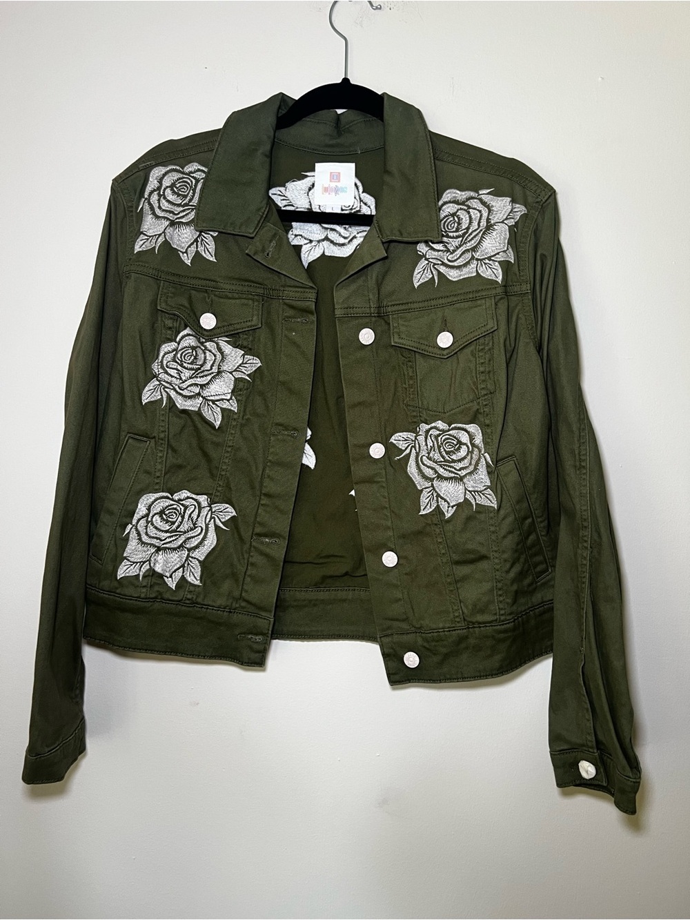 LuLaRoe Harvey Olive Green Denim Jacket with White Rose Embroidery